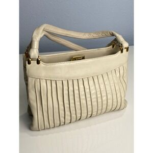 🍂Vintage Jane Shelton Genuine Leather Bag White Pleated Purse Upcycle Art Canvas